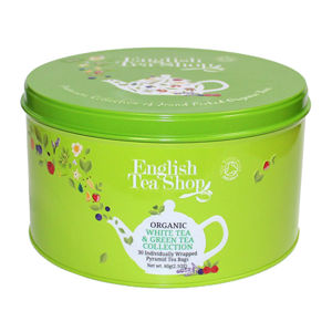 English Tea Shop Darčeková guľatá zelená plechovka - BIO zelené a biele čaje - 30 pyramidek - ZĽAVA - poškodená plechová krabička