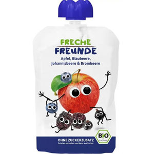 Freche Freunde BIO Ovocná kapsička Jablko, čučoriedka, čierne ríbezle a ostružina 100 g